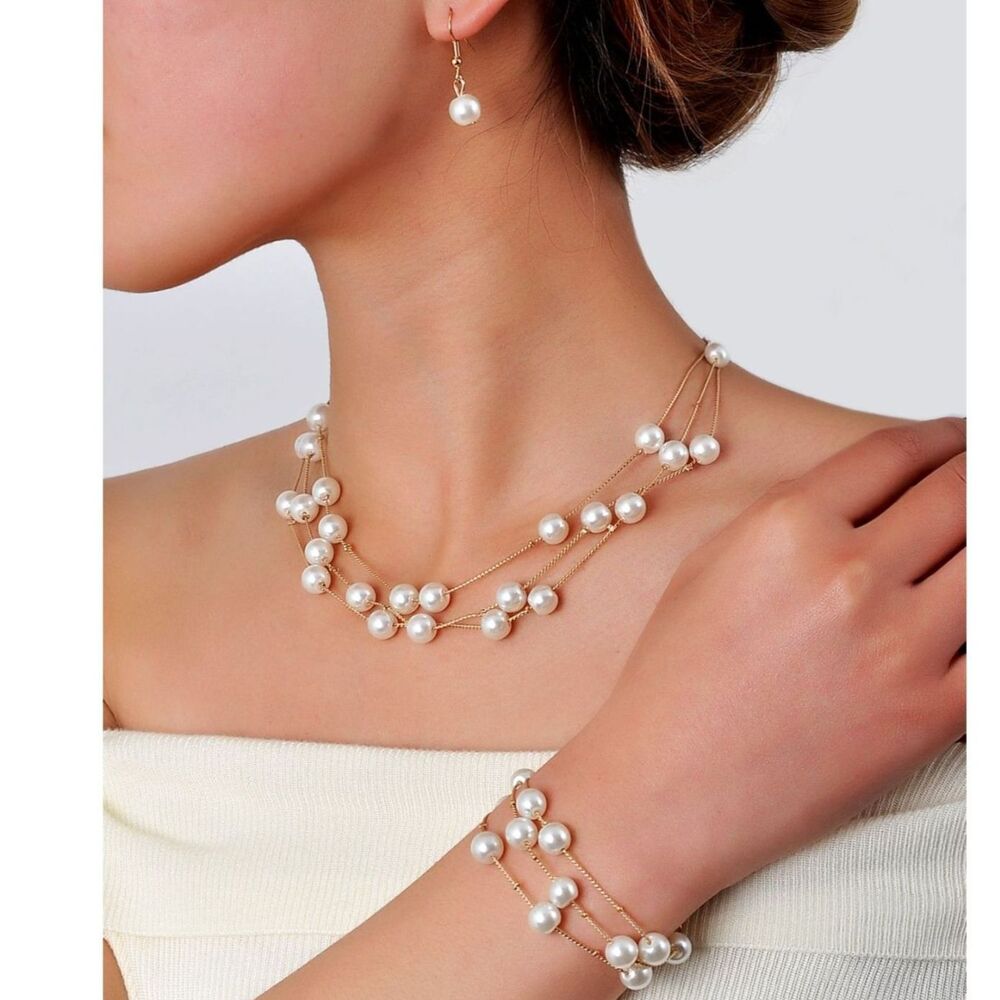 4 pc Pearl Beaded Necklace Bracelet Earrings Set Gold Station Gemstone Pendant